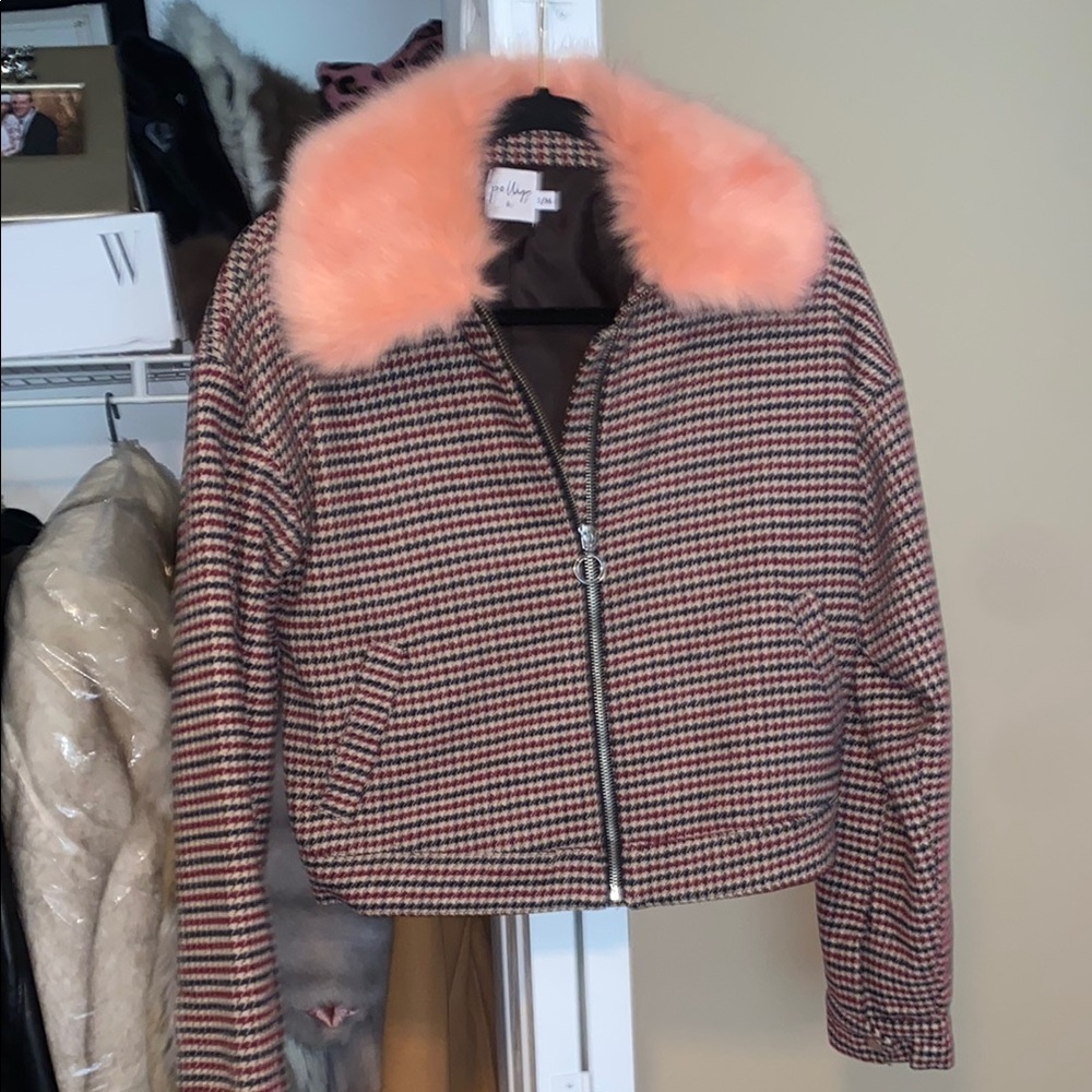 Pink and Brown Bomber Jacket with Sporty Zip-Up Design